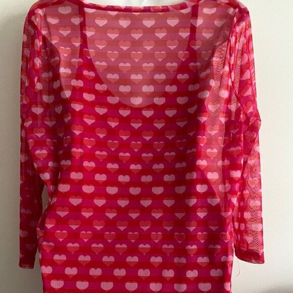 Sheer Pink & Red Heart Print Long Sleeve Tunic/Red Camisole - Picture 4 of 5